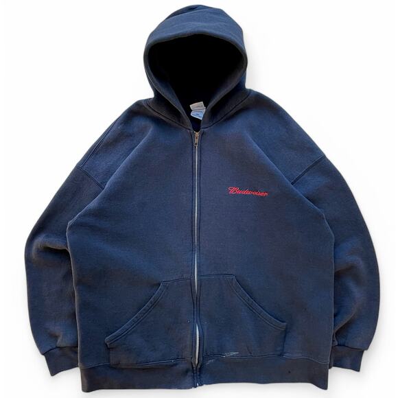 Vintage Embroidered Budweiser Full Zip Navy Blue Hoodie Sweatshirt Soffe 2XL Y2K - Picture 1 of 10